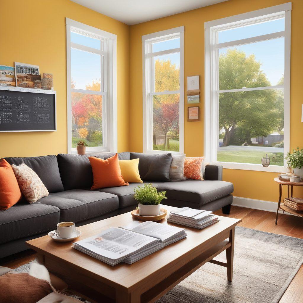 A cozy, modern living room showcasing a family joyfully discussing finances around a coffee table filled with home buying documents. Include a large window revealing a sunny neighborhood with houses in the background and a chalkboard with smart saving tips. Utilize vibrant colors to evoke warmth and optimism. super-realistic. bright colors. cozy atmosphere.