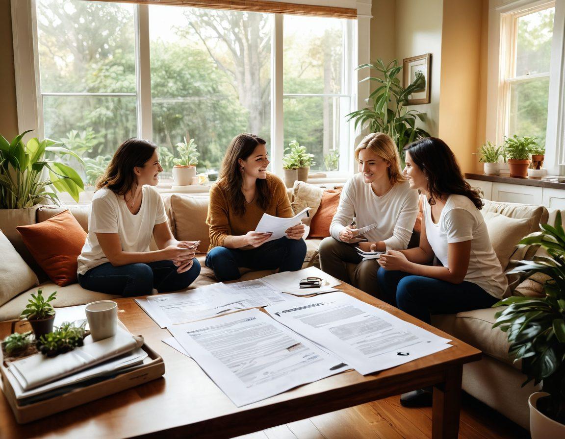 A cozy and inviting living room with a happy family gathered around a coffee table discussing finances, surrounded by houseplants, warm lighting, and a large window showing a sunny backyard. In the foreground, a large mortgage document with a quill pen symbolizes affordability and guidance in homeownership. Super-realistic. Warm colors. Soft focus.